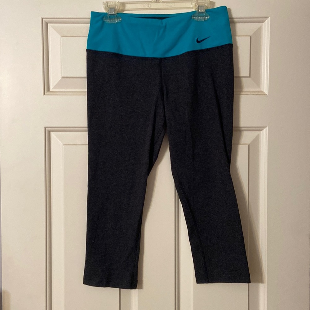 Nike Dri-Fit Capri Pant in Grey with Teal Waistband